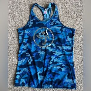 Zumba Fitness Blue Camo Racerback Tank with Metallic Logo
